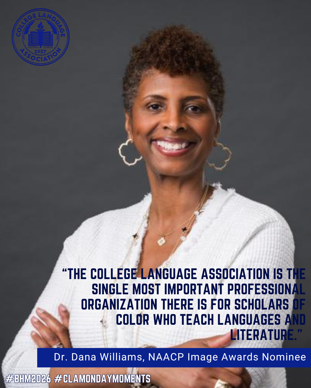 Portrait of Dr. Dana A. Williams. She is medium-brown skinned with short hair. She is smiling directly at the camera and wearing a white shirt. 