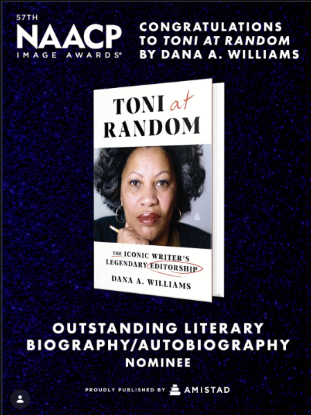 The Cover of Dr. Dana A. Williams book, Toni at Random. The cover is white with an image of Toni Morrison looking at the camera.